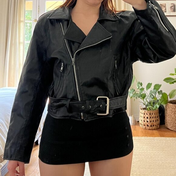 BLACK HEAVYWEIGHT CROPPED LEATHER BIKER JACKET - Picture 1 of 3
